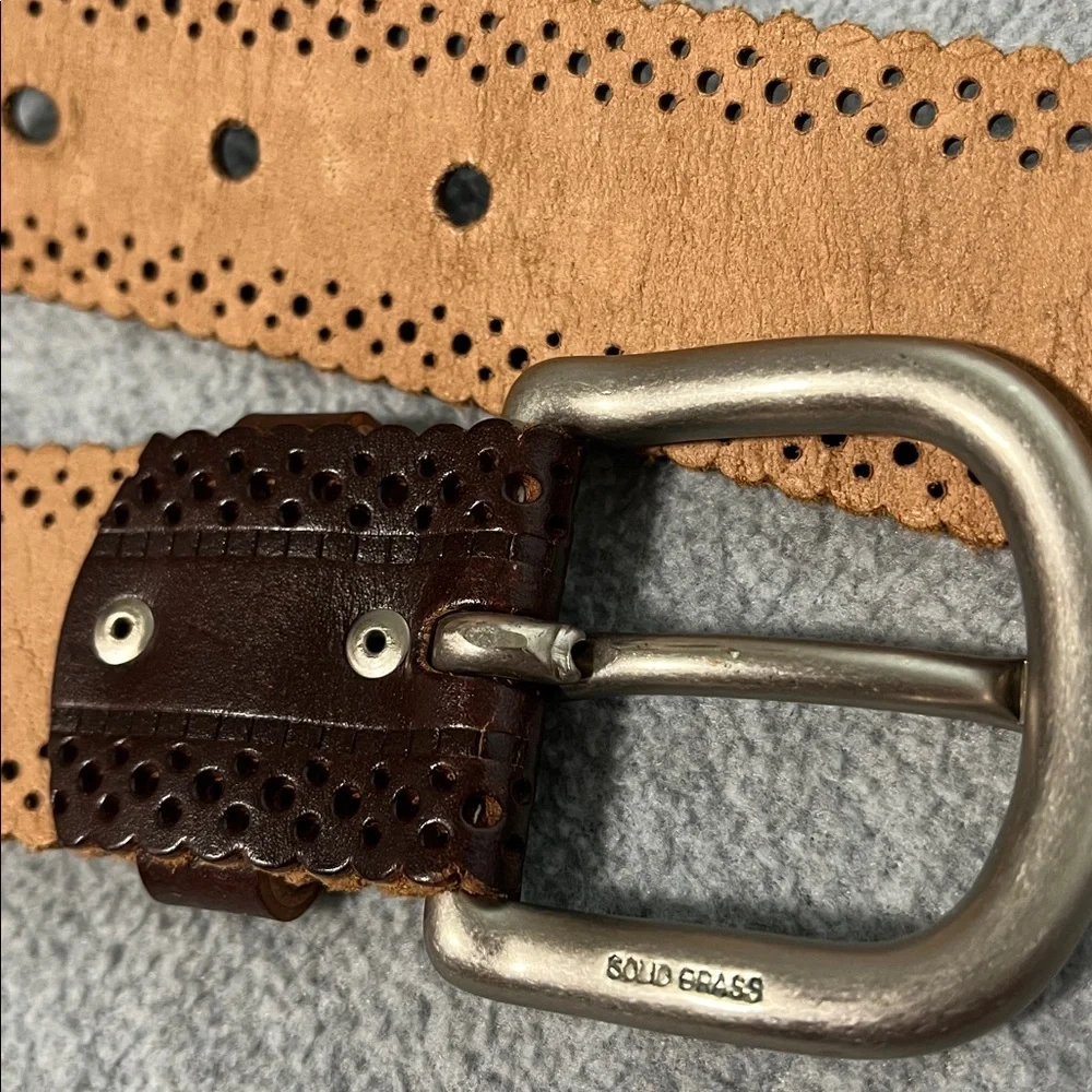 Boho Leather Bonded Belt Womens Medium Brown Silver Brass Buckle Lazer Cut